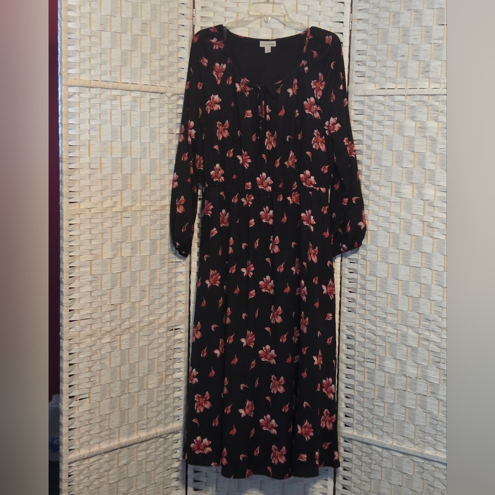 Black And Pink Floral Pullover Dress 3/4 Sleeves, Tie Neck Size 2X